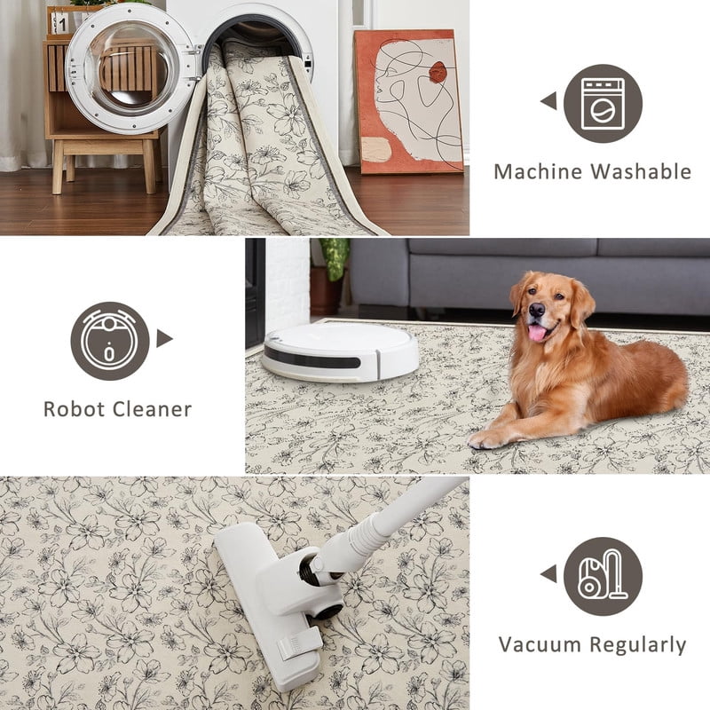 9'x12' Area Rugs Boho Floral Bedroom Washable Low Pile Non Slip Indoor Carpet for Nursery Playroom Living Room Beige