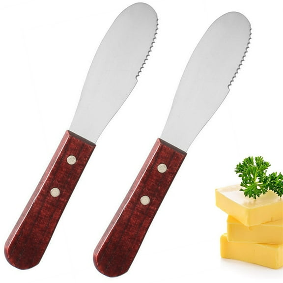 Bxaolu Pack of 2 Stainless Steel Butter Spreader Knife with Wooden Handle, Wide Stainless Steel Spreader Kitchen Knives for Sandwiches Butter Cheese