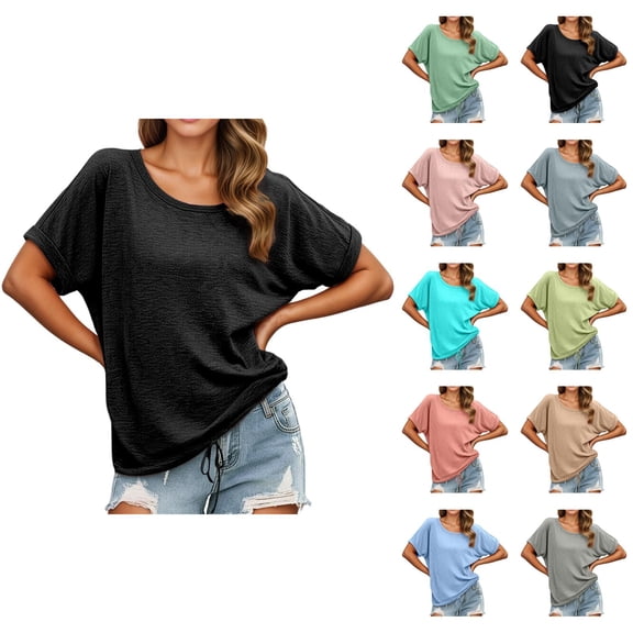Womens T Shirts Summer Tops 2025 Solid Color Short Sleeve Crewneck Drawstring Hem Casual Tees Tshirts Shirts for Women