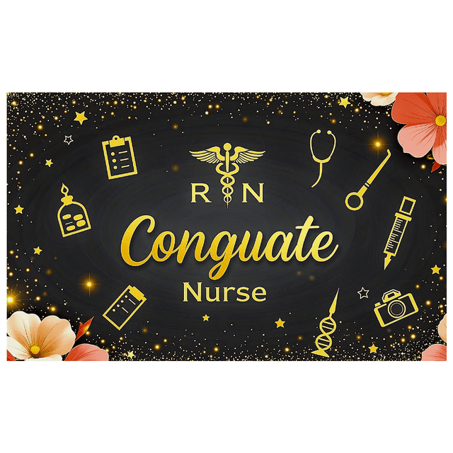 Black Background with Golden Medical Elements Congratulate Nurse Banner Party Decorations Photography Props Backdrop for Nurse Graduation Celebrations Nurse Appreciation Events Nursing School Parties