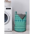 thumbnail image 3 of Tribal Laundry Bag, Folk Art Repetition of Ethnic Geometrical Elements in a Symmetry Print, Basket with Handles Drawstring Closure for Laundromats, 13" x 19", Seafoam and Multicolor, by Ambesonne, 3 of 4