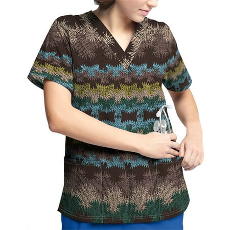 

Sksloeg Scrubs Tops for Women Plus Size Azik Ethnic Printed Scrub Shirt Tops Short Sleeve V-Neck Working Uniform Workwear with Pocket Coffee XXXXXL