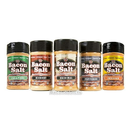 Hickory Flavor - Bacon Salt Sampler (5 Pack) - Original, Cheddar, Peppered, Jalapeno & Hickory Bacon Flavored Seasoning Salts Gift Set