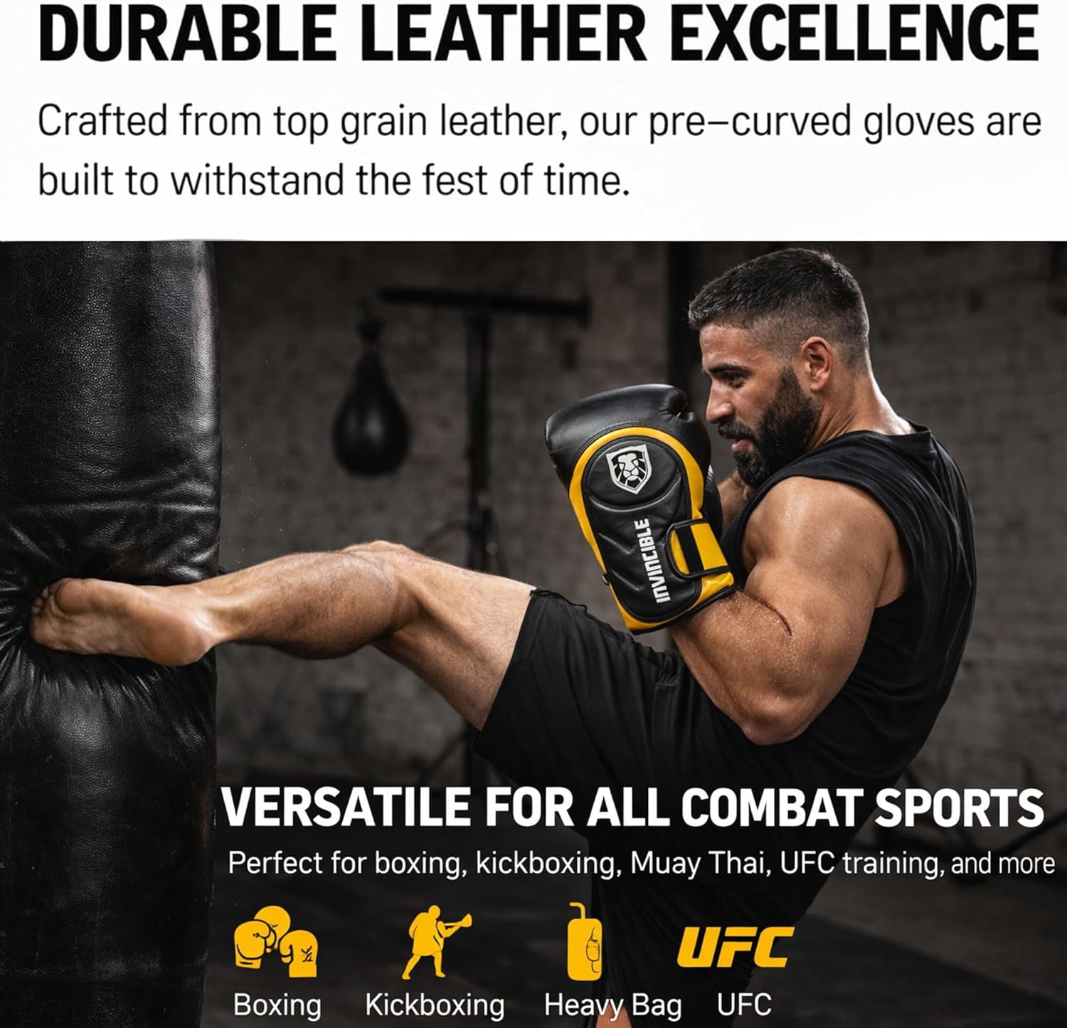 Invincible Fight Gear Professional Hook and Loop Leather Training Boxing Gloves v2.0 - Ideal for Boxing, Kickboxing, Muay Thai, MMA for Men Women and Kids
