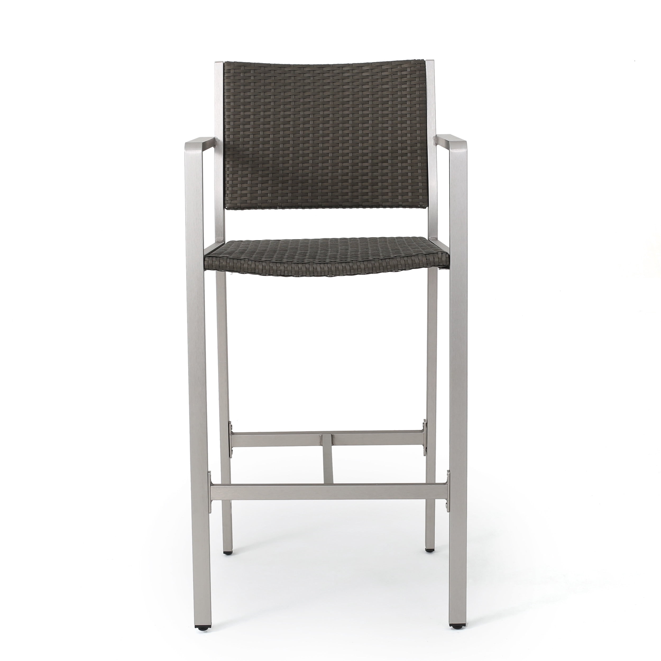 Outdoor Rust Proof Aluminum Frame Bar Stool Set of 2 29.50 Inch, PE Rattan Surface Height Seats for Patio Bar, Silver and Grey
