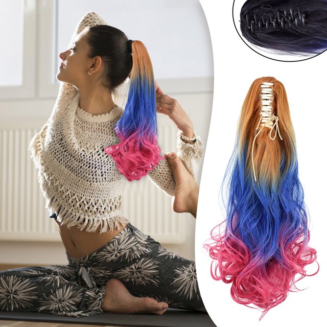 Perruque Femme Tricolore Synthétique Longue Ondulée Bouclée Queue de Cheval Extension de Cheveux, Perruque pour Femmes