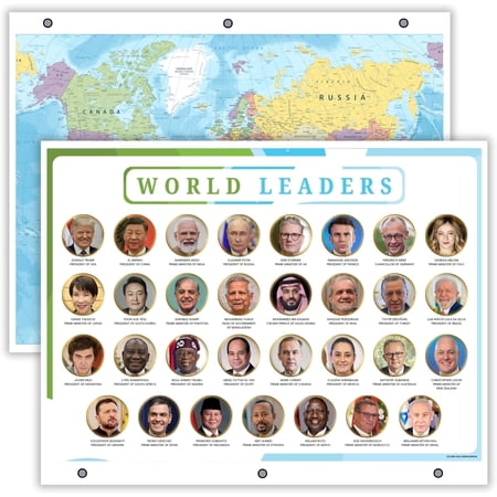 World Map & World Leaders Reference Page – Laminated Double-Sided 3-Ring Binder Insert – Durable Gloss Global Geography & Leadership Chart for Study (5 Pack)