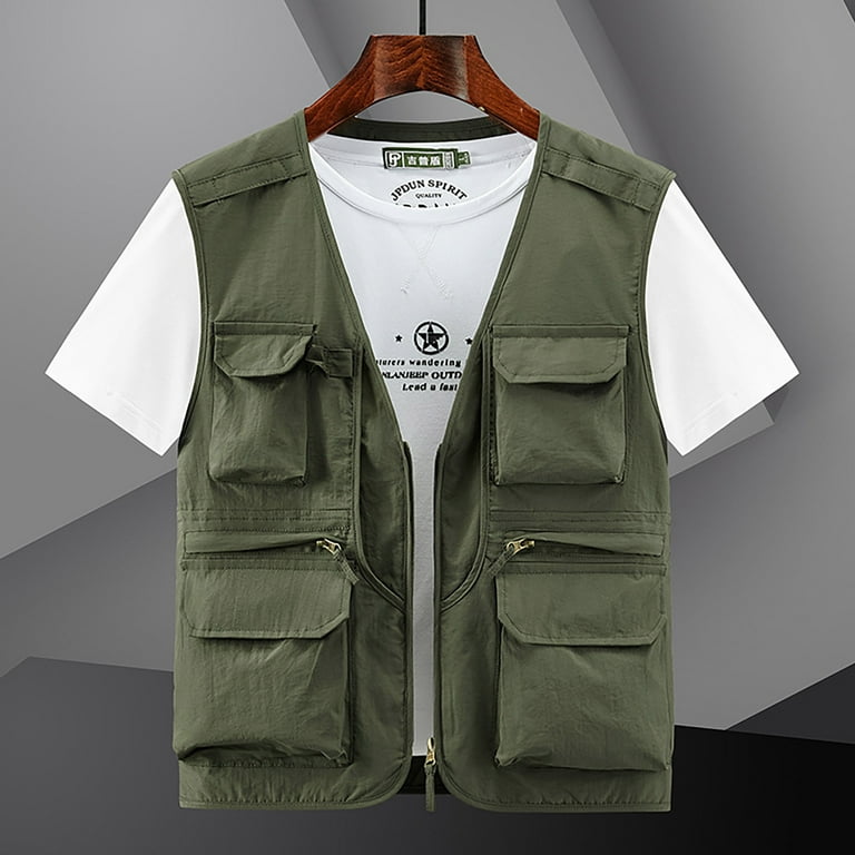 JNGSA Men's Outdoor Cargo Vest with Multi-Pocket Quick-drying Sleeveless  Vest Jacket Utility Vest for Fishing Hiking Fintness Army Green XXXXL