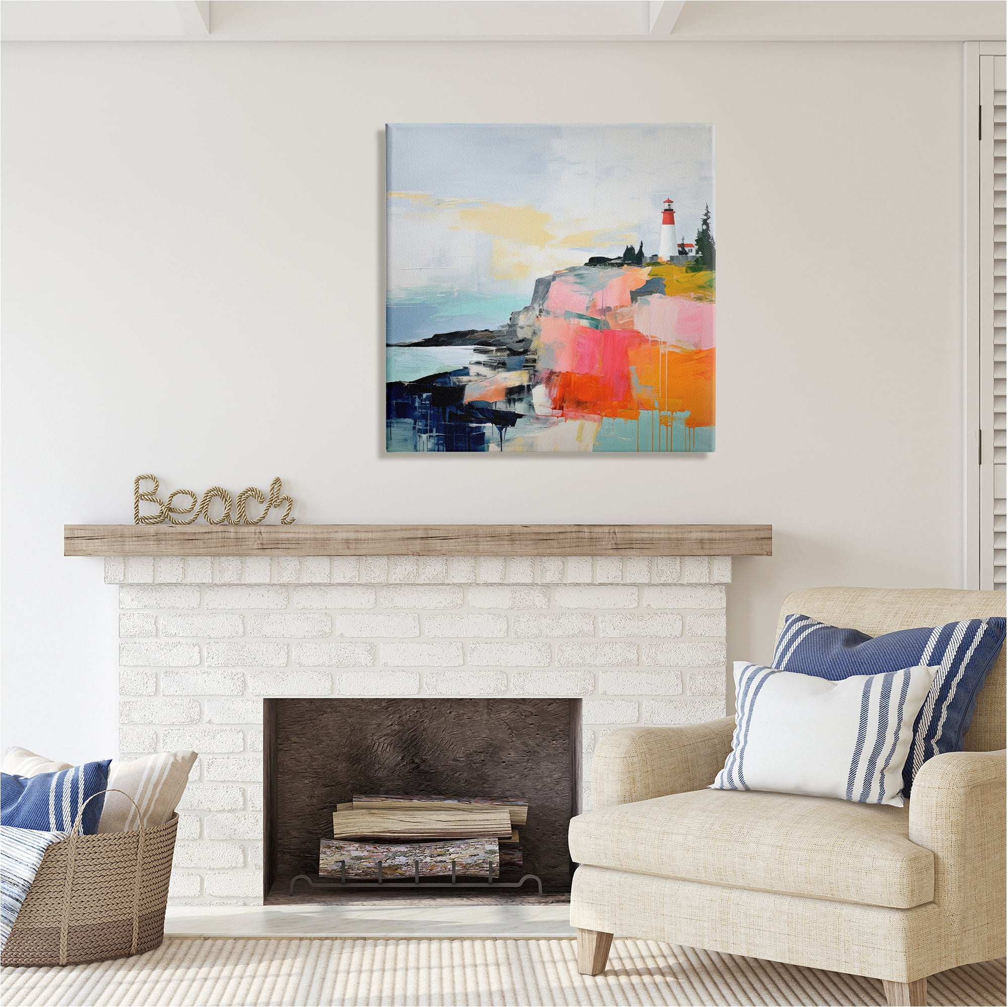 Stupell Industries Modern Hued Lighthouse Landscape Painting Gallery Wrapped Canvas Art Print Wall Art, 30 x 30