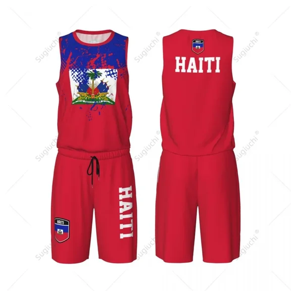 Team-up Haiti Flag Grain Men Basketball Jersey Set Shirt & Pants Sleeveless Custom Name Nunber Exclusive