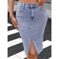 thumbnail image 6 of Women Denim Pencil Skirts Mid Long High Waist A Line Midi Jean Skirt Split Hem Skirts for Ladies. Light Blue L, 6 of 9