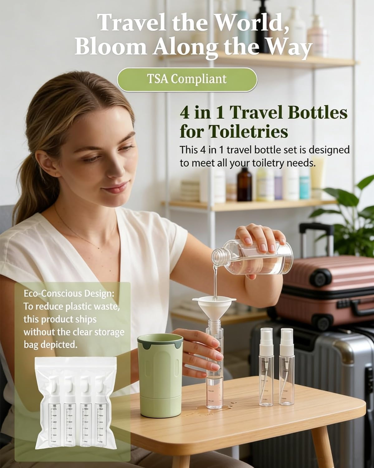 4 in 1 Travel Dispenser Bottle 4 Pack 30ml Air Conditioner Portable Refillable Travel Size Containers Dispensing Bottles for Shampoo Conditioner Lotion Luggage Organizer Travels Essentials(Green)