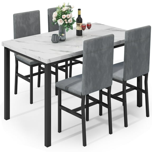 Baxluxe Dining Table Set for 4, Faux Marble Rectangular Kitchen Table Set with 4 Velvet Upholstered Dining Chairs, 5 Pieces Dining Set for Home Apartment Breakfast Nook, Gray