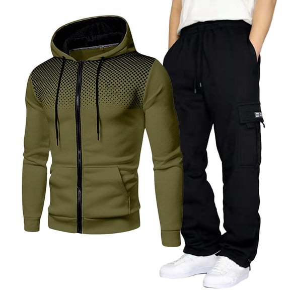 Mens Sweat Suits 2 Piece Set Hooded Drawstring Zipper Sweatshirt Jacket Solid Color Cargo Trousers Athleisure Training Winter Suit Set