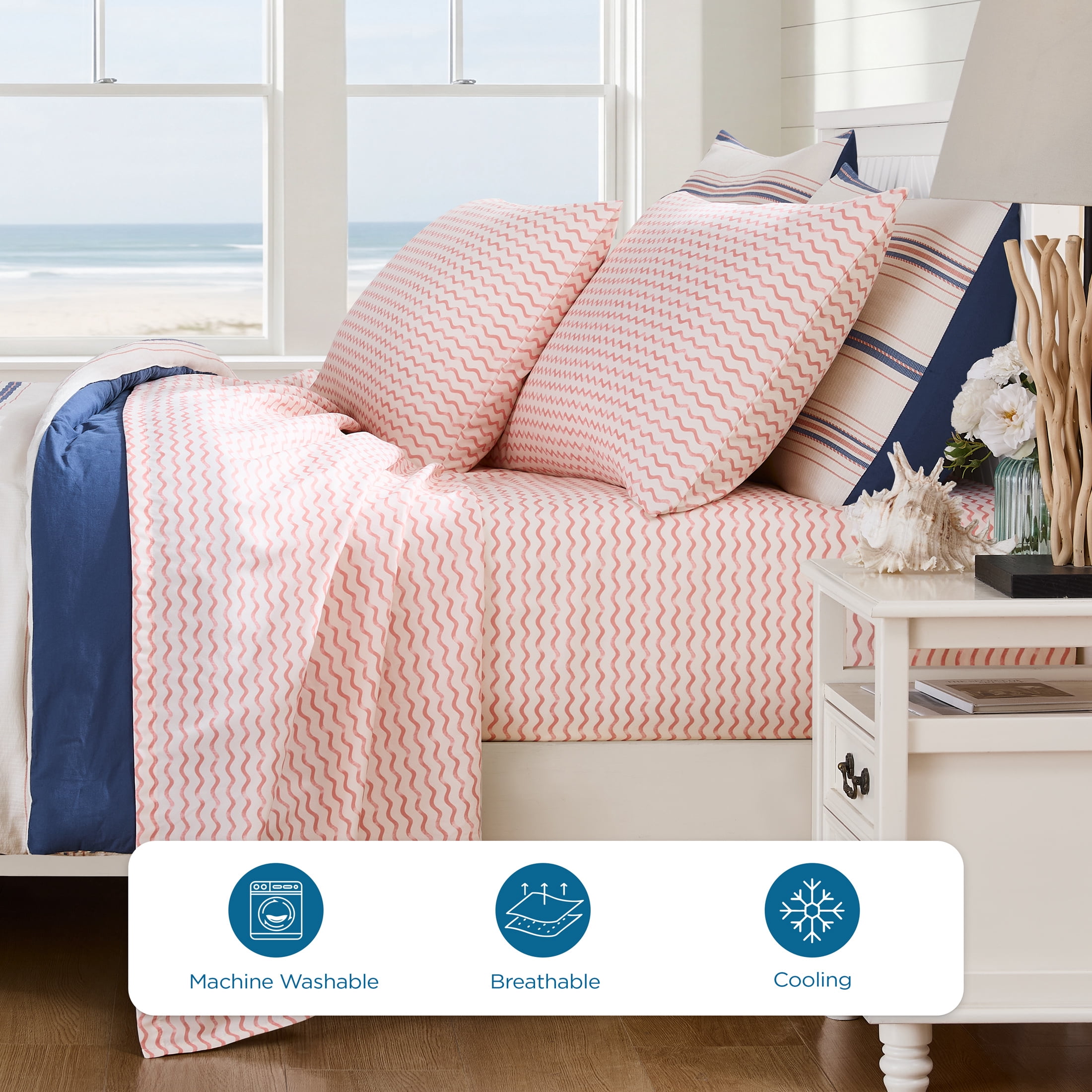 Coastal Living 4-Piece Coral Chevron Soft Brushed Microfiber Luxury Cooling Sheet Set, Queen