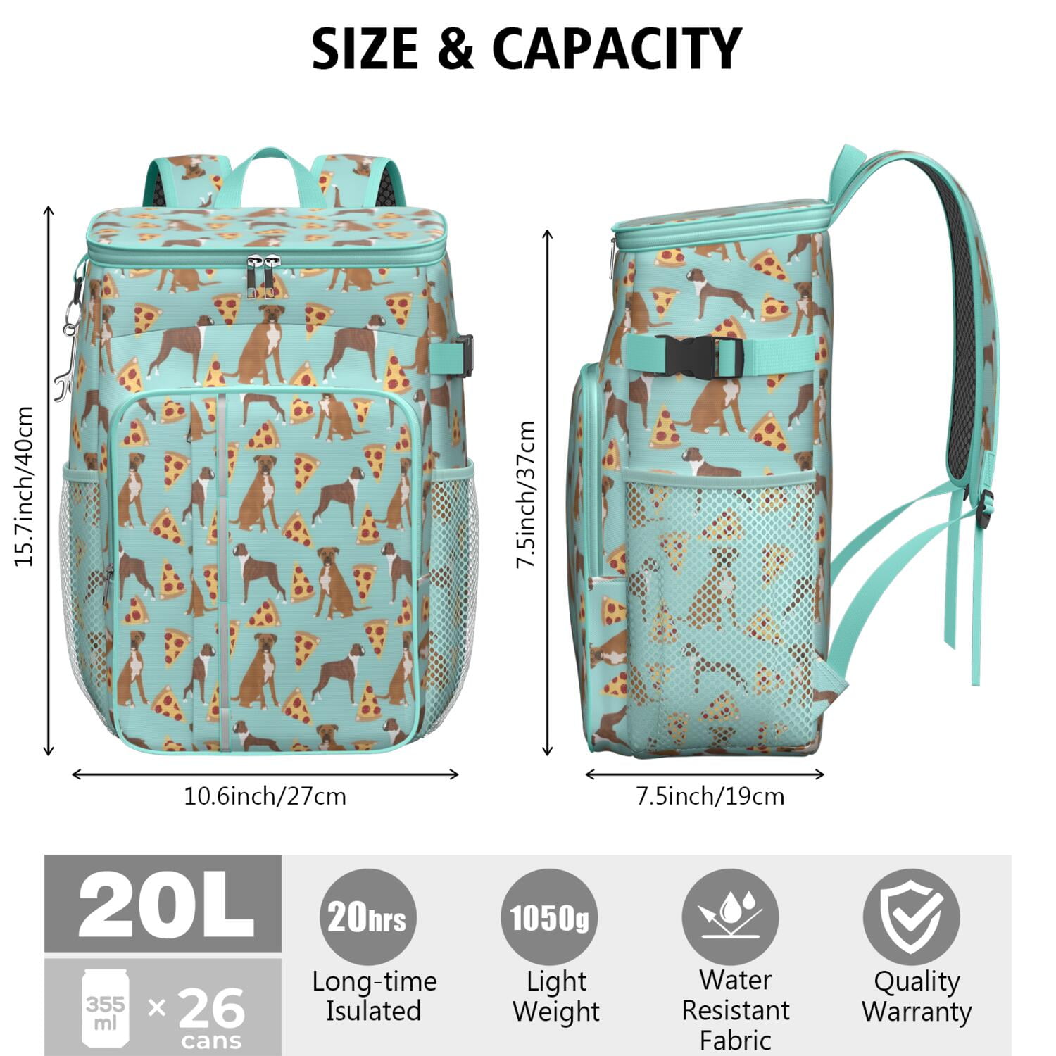 Travel Cooler Bag - Boxer Dog Pitbull Terriers Dog and Pizza Camping Beer Cooler Backpack with Bottle Opener- Waterproof Insulated Picnic Backpacks - Cooler Bag for Beach