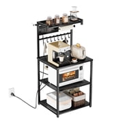 KFFKFF Kitchen Bakers Rack with Power Outlet, 4.6ft Cable, 23.6 Wide with Sturdy X-Shaped Support, 8 Hooks, and Storage for Dishes, Spices, and Coffee Essentials