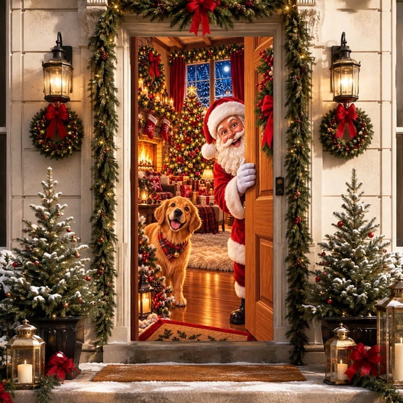 Christmas Door Cover with Santa and Dog Design Elastic Front Door Decoration for Holiday Party 70.87 x 35.43 in