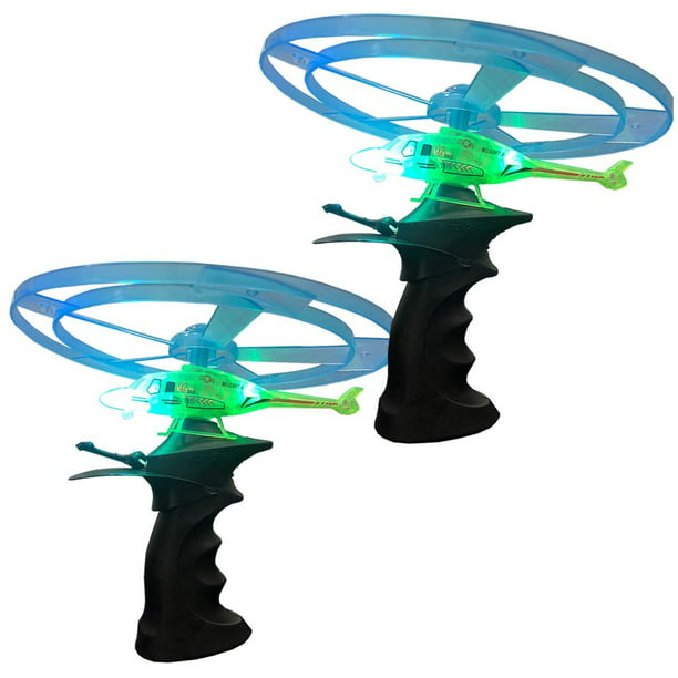 Kicko Flying Light-Up Toy - 2 Pack Ripcord Helicopter for Night Glow,  Outdoor Playtime, Novelty, Rocket Flyer, Party Favor and Supply