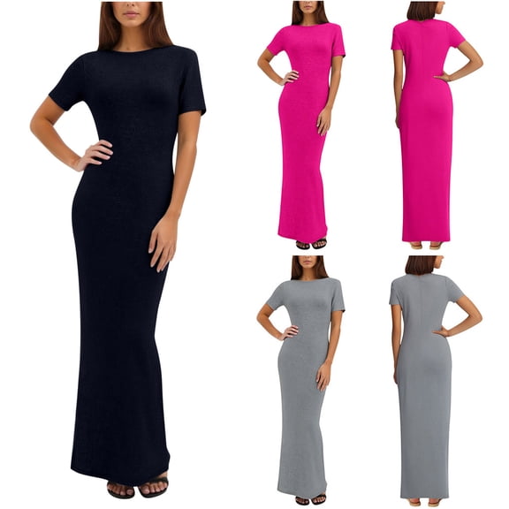 NSLGXD Bodycon Long Dresses for Women Short Sleeve Crew Neck Slim Fit Maxi Dress Solid Color Soft Lightweight Lounge Dress Black Dress,Size XS-XL