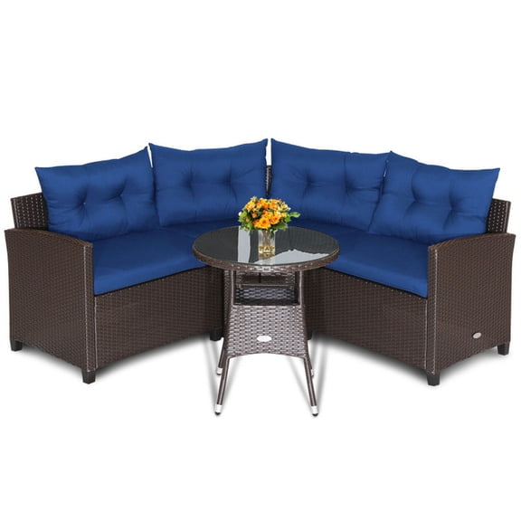 GVN Backyard Furniture Sets,Outdoor Furniture Sets,4 Pieces Patio Rattan Furniture Set Cushioned Sofa Glass Table-Navy