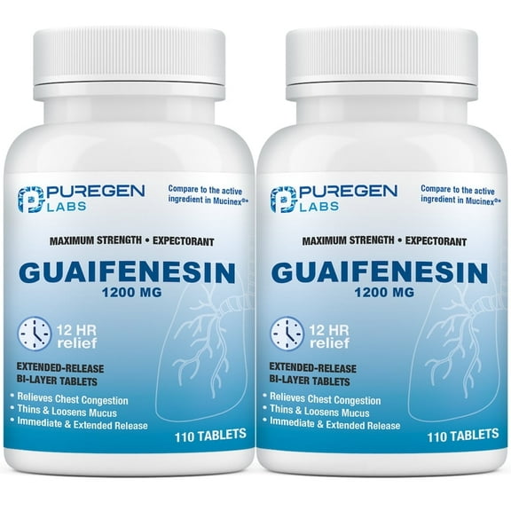 Puregen Labs Maximum Strength Guaifenesin 1200 mg Cough Expectorant Tablets, 110 Tablets (2 Pack)