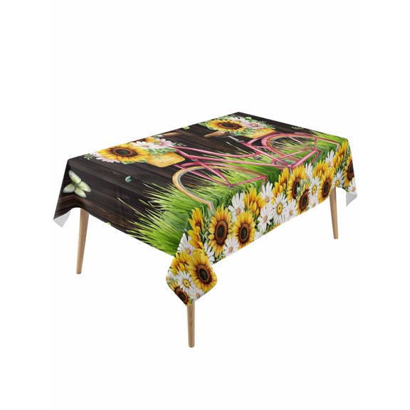 Spring Sunflowers Table Cloth, Waterproof Tablecloth for Rectangle Tables, Bicycles Botanical Flowers Wooden Grain Reusable Washable Fabric Table Cover for Restaurant Kitchen Dining Tables 54"x108"