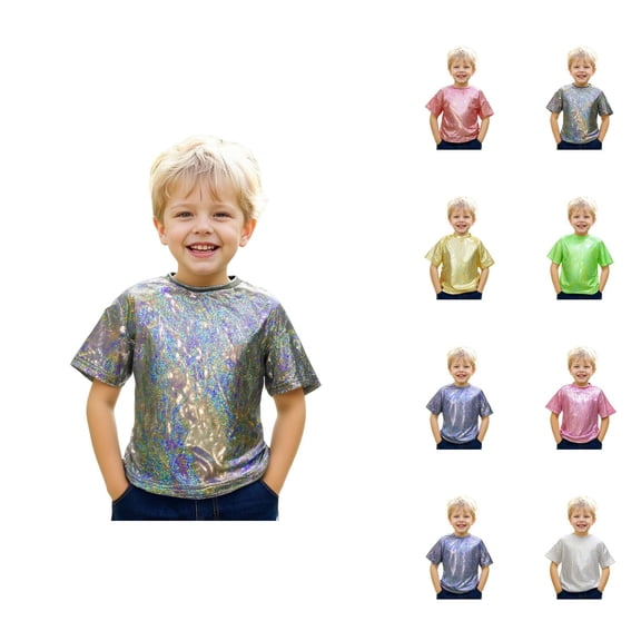 Kids Boys Girls Metallic Shiny Tshirts Jazz Hop Dance Tops Short Sleeve Crewneck Loose T Shirts for Performance