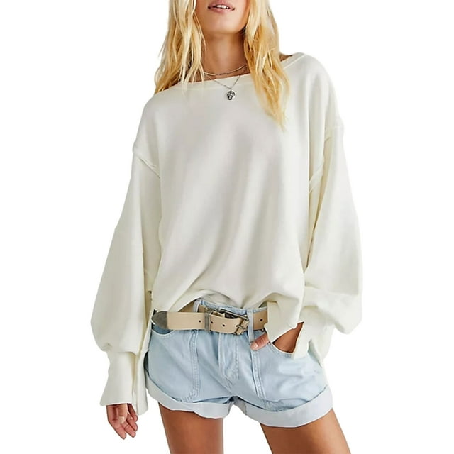 Faithtur Women’s Solid Color Sweatshirts Long Sleeve Crew Neck Drop Shoulder Pullover Tops Fall Sweaters