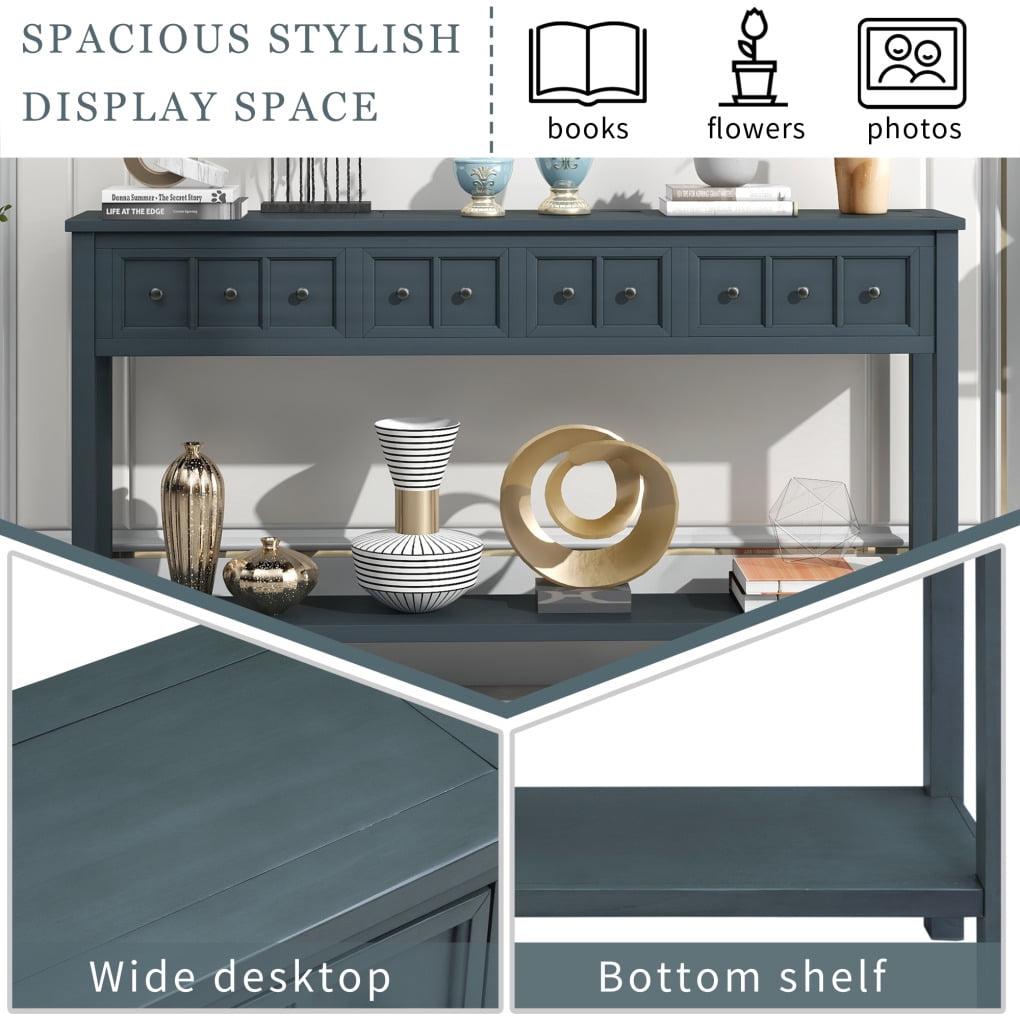 Console Table, Console Tables for Entryway with 4 Drawers and Open Storage Shelf, 60" Long Sofa Table in Solid Wood, Narrow Console Table for Living Room, Couch, Hallway, Kitchen Counter, Navy Blue