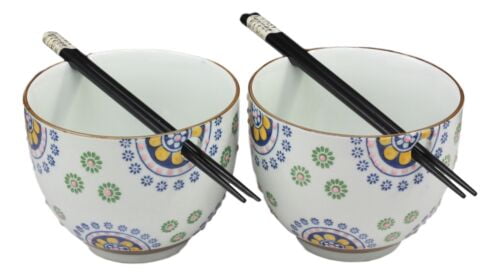 Lavender Floral Japanese Ceramic Ramen Udong Noodle Bowl Gift Set 6"D 