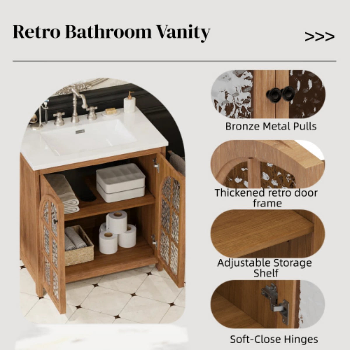 31" Bathroom Vanity with Ceramic Sink, Vintage Rustic Bathroom Cabinet, Soft Close Doors, Adjustable Shelf, Bronze Pulls, Antique Natural