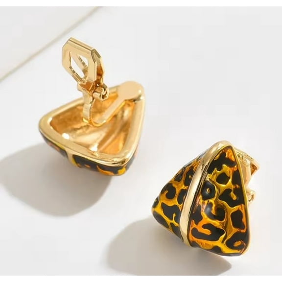 Clip on 1/2" small gold and black animal print triangle earrings