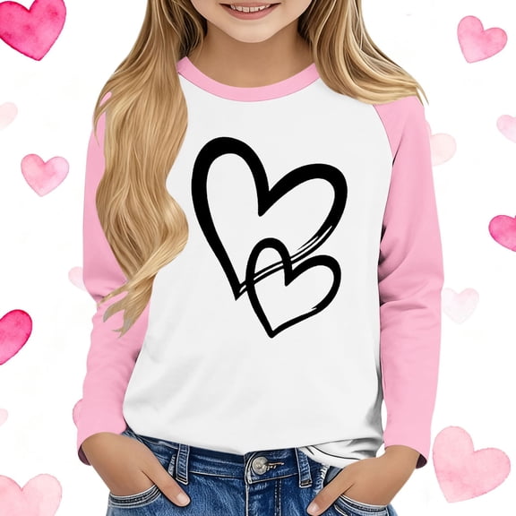 ITSAME Long Sleeve Shirts For Girls, Heart Graphic Crewneck Casual Comfortable Pullover Top Pink 12-13T