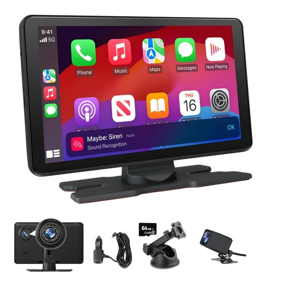 Pantalla Carplay portátil de 9" para automóvil, Carplay inalámbrico y estéreo para automóvil Android, navegación GPS con pantalla táctil 4K Dash Cam/cámara de respaldo 1080P