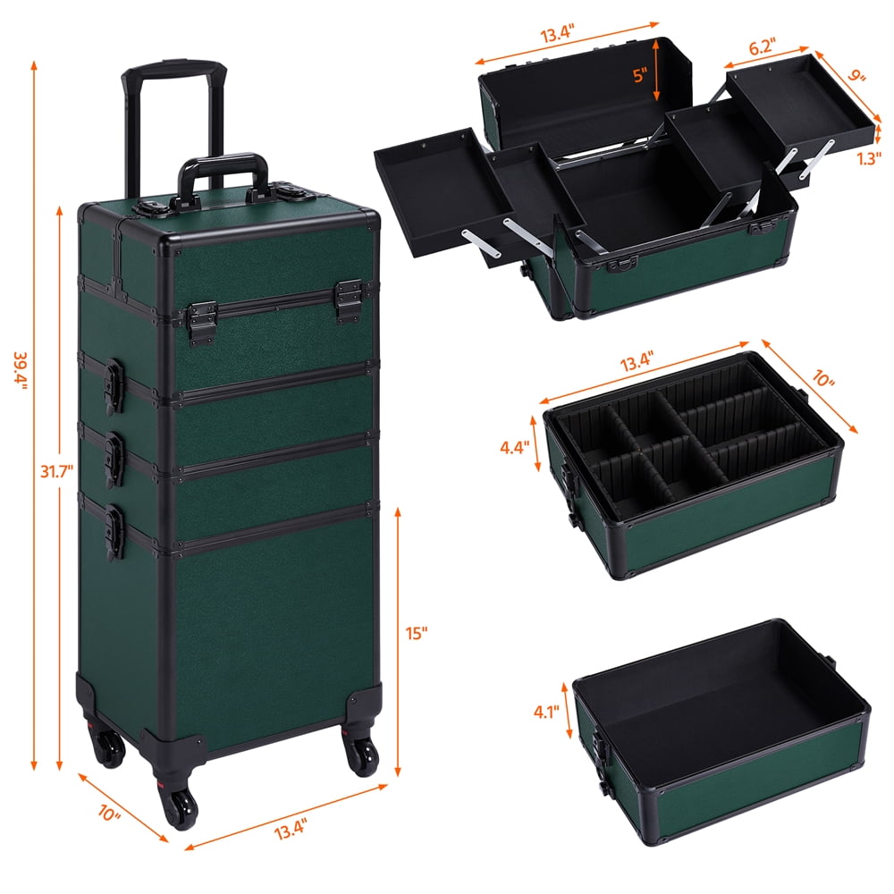 Renwick 4-in-1 Large Professional Folding Cosmetic Case with Brush Bag, Dark Green