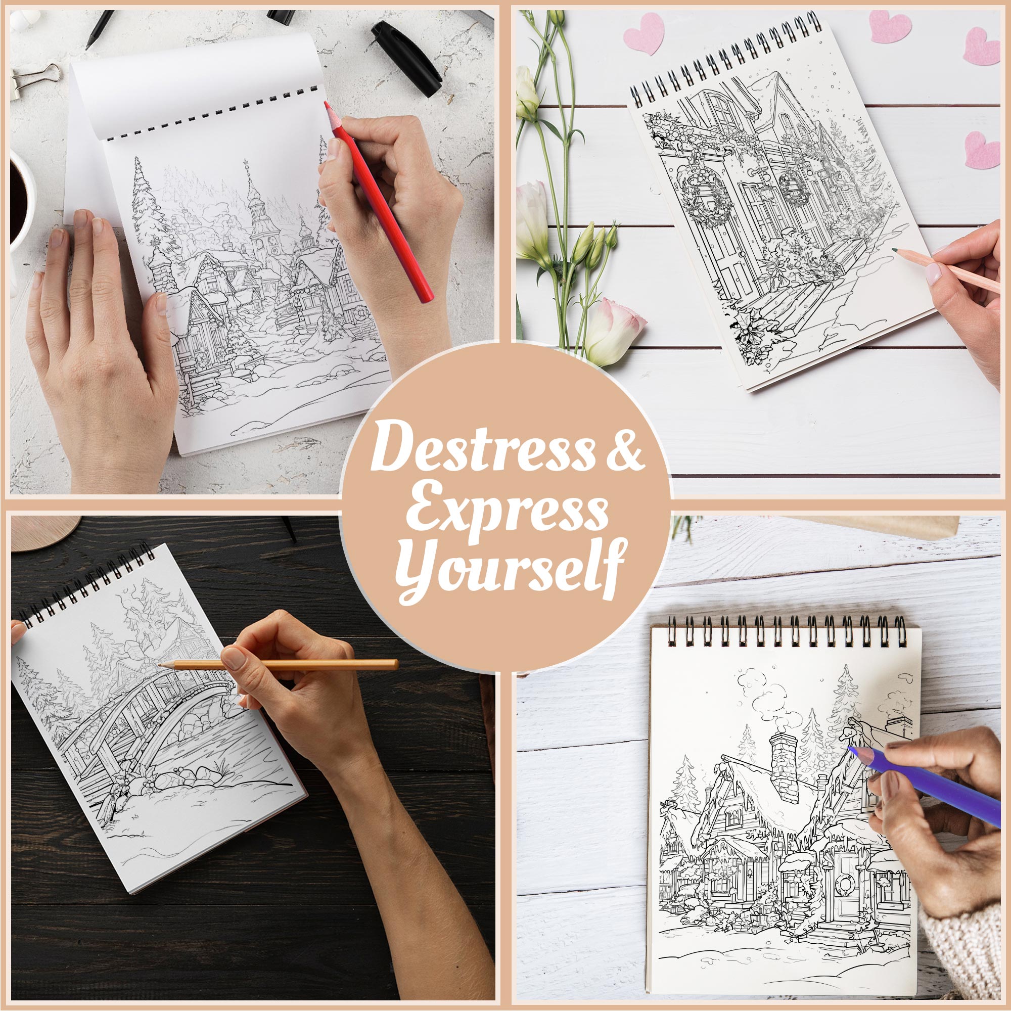 Netecom Christmas Village Coloring Book Spiral Bound For Adults, A5 Wooden Cover, 30 Beautiful Coloring Pages of Snow-Covered Cottages for Stress Relief and Relaxation