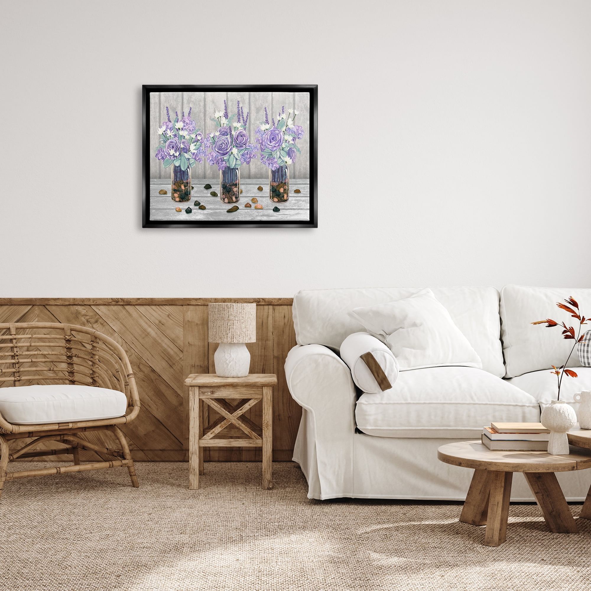 Stupell Industries Purple Rose Bouquet Trio Scattered Rustic Rocks Graphic Art Jet Black Floating Framed Canvas Print Wall Art, Design by Ziwei Li