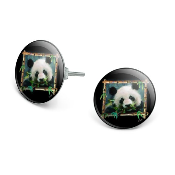Panda Bear Bamboo Novelty Silver Plated Stud Earrings