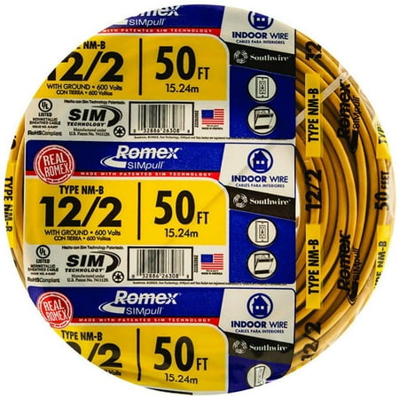 Southwire 28828222 12/2 50' with Ground Romex Brand SIMpull Residential Indoor Electrical Wire Type NM-B Yellow