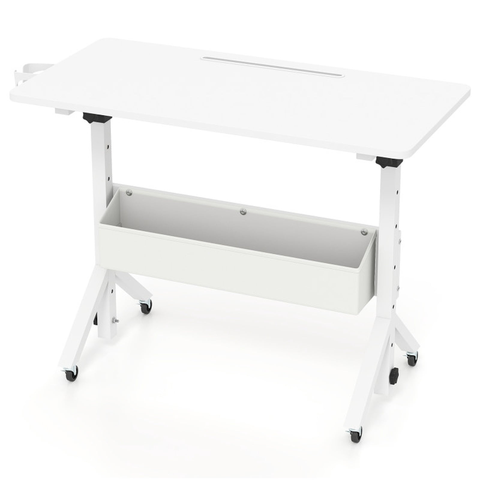 Furnibear Mobile Standing Desk and Height Adjustable Rolling Laptop Desk with Cup Holder Storage Basket and Locking Casters for Small Spaces, White
