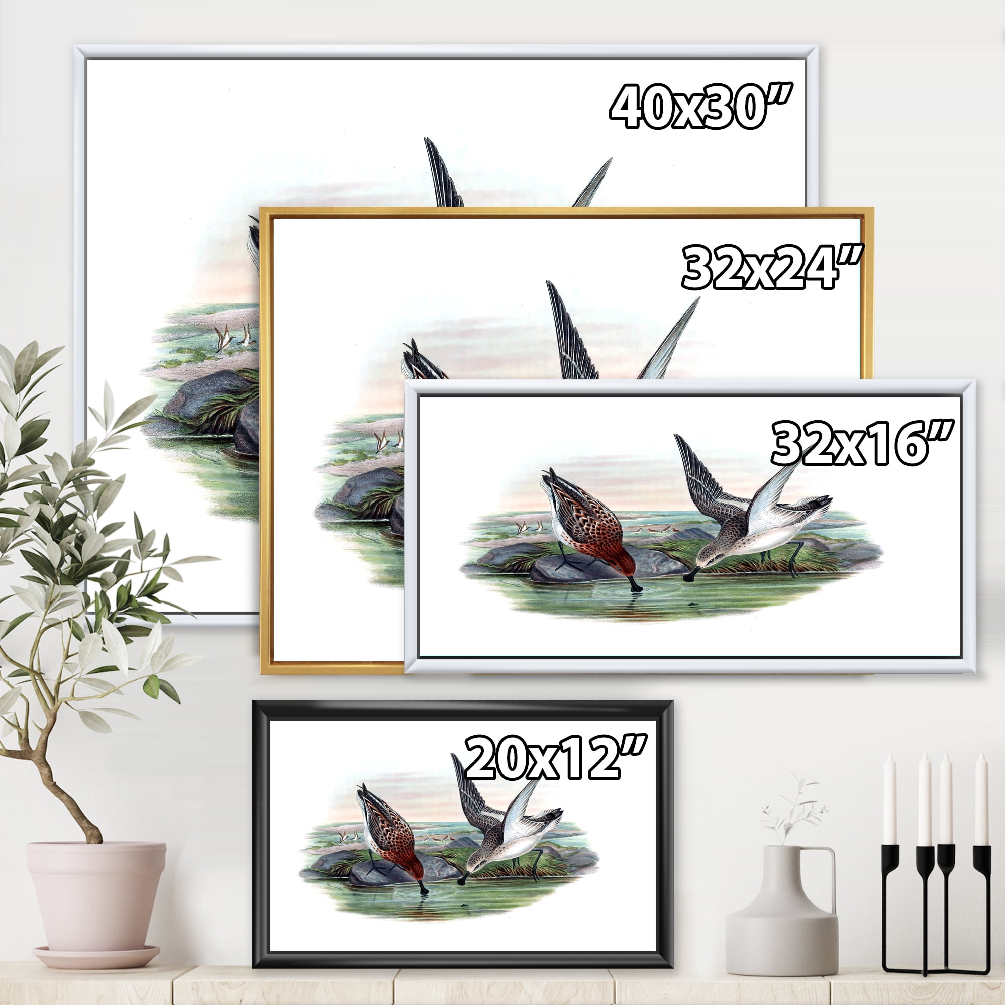 Designart 'Vintage Countryside Two Birds In Lake' Farmhouse Framed Canvas Wall Art Print