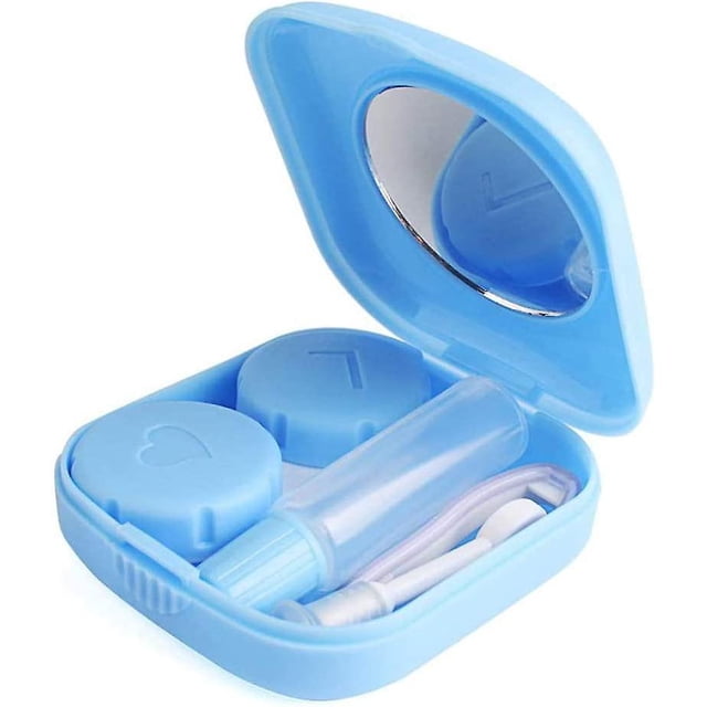 Estuche para lentes de contacto, mini estuche para lentes, portátil, colorido, lindo kit de viaje con espejo, pinzas, botella, color azul