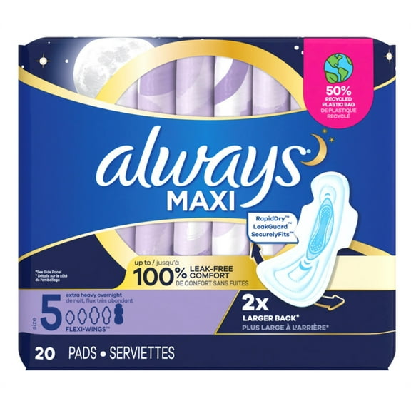 Always Pads Size 5 Maxi 20 Count Extra Heavy Overnight (Pack of 2)