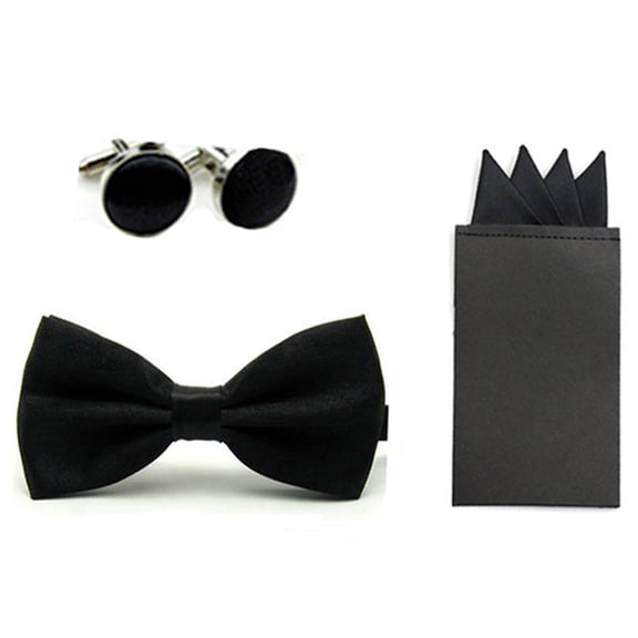 Men Solid Bowtie 4 Fold Pre-folded Pocket Square Handkerchief Hanky Cufflink Set