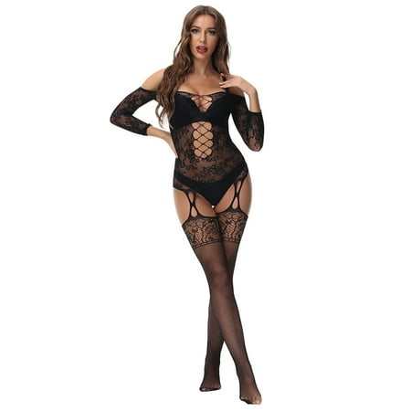 

Womens Lingerie Sexy Womens Lingerie Fishnet Seamless Mesh Netting Stockings Chemise Hollow Out Babydoll Bodysuit Sleepwear Black One Size