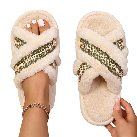 Women's Open Toe Slippers for Women Fuzzy Cross Band Slippers Indoor Outdoor Soft House Slippers Casual Winter House Shoes