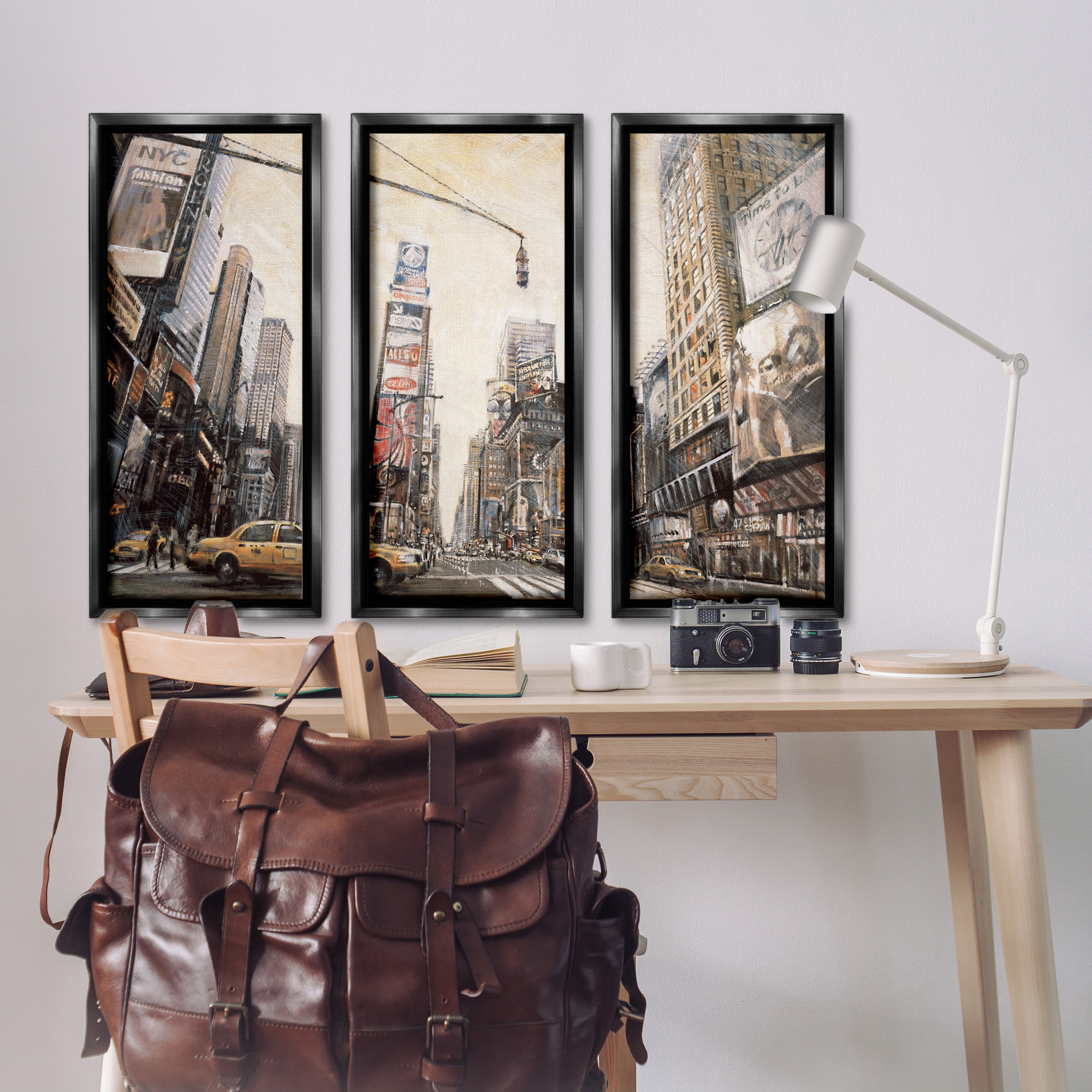 Stupell Industries New York City Streets Buildings Transportation Painting Black Floater Framed Canvas Art Print Wall Art, 15 x 31, Set of 3