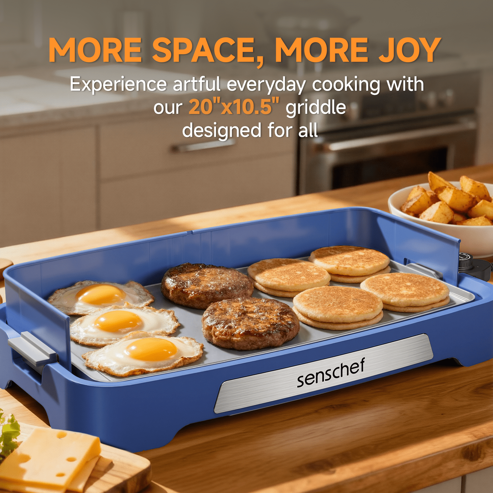SENSCHEF Cleansnap Everyday 20 inch Electric Griddle, 1700W Rapid Heating, Foldable Anti-Mess Shield, PPG Ceramic Nonstick, Dishwasher Safe, Ocean Blue