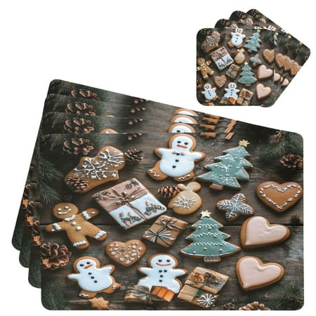 

Wobogo Christmas Cookies Placemats Coasters Set of 4 Heat-resistant Non-slip Easy to Clean Square Dinner Plate Mat